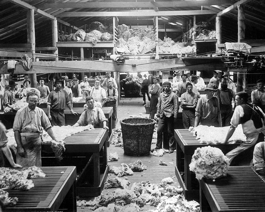 Wool sorting and classing in a shearing shed, Burrawang, New South Wales, c. 1890 (Chronicle/Alamy)
